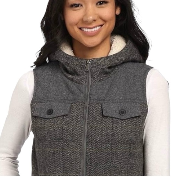 Prana Ava Womens Vest Gray Herringbone Wool Sherpa Hood Full Front Zipper MEDIUM - Picture 2 of 14